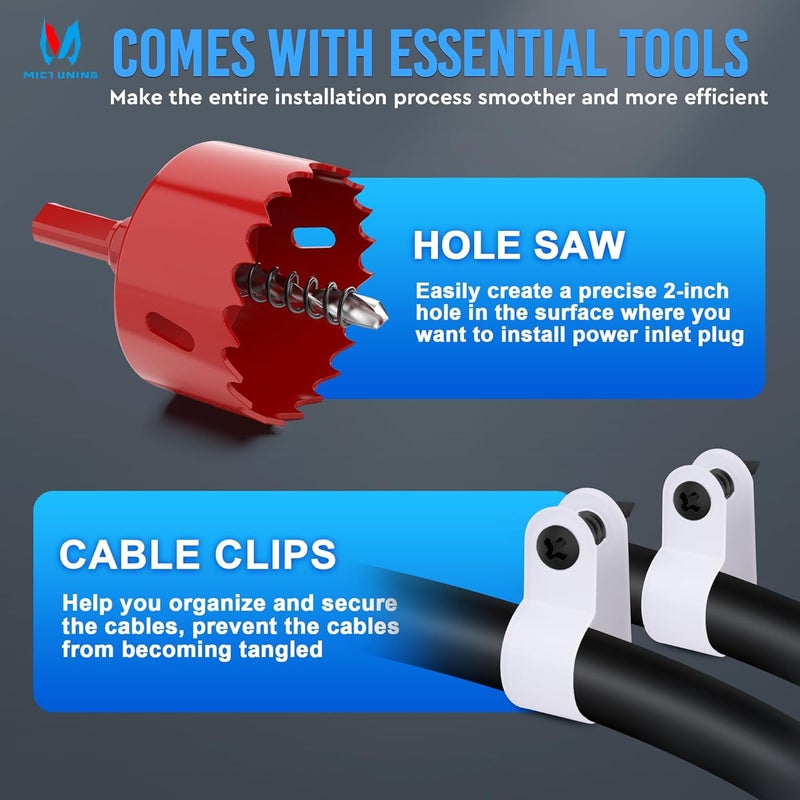 MICTUNING 15A 125V AC Port Plug, 18'' Extension Cord with Power Inlet Socket-Low Port Outlet, Heavy-Duty RV Shore Waterproof Outdoor Electrical Receptacle, with Hole Saw - Image 5